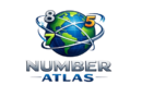 Number Atlas logo featuring a blue and green globe with orbiting rings and numbers 8, 5, and 7 wrapped around it, with the brand name ‘NUMBER ATLAS’ displayed below in metallic silver and blue modern typography